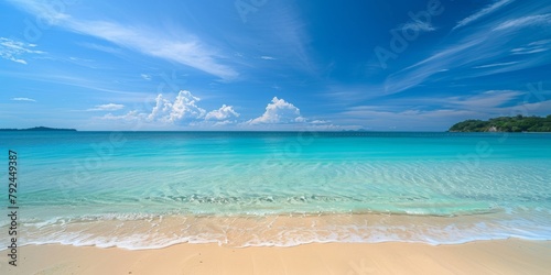 Tropical beach with clear turquoise water under a blue sky