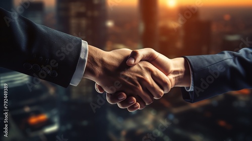 Closeup of business professionals firmly shaking hands, signifying a successful deal, against a backdrop of the corporate environment photo