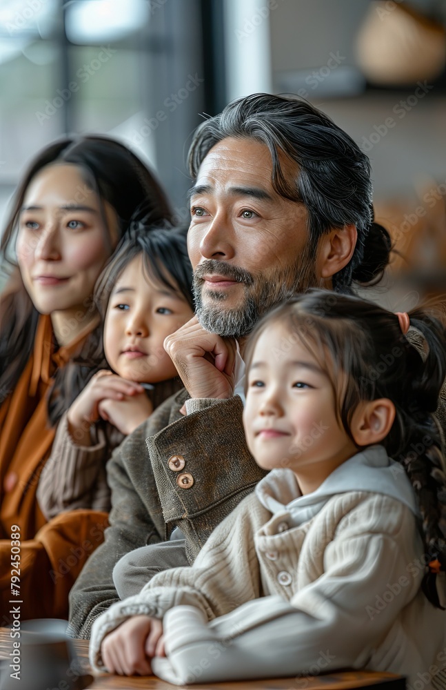 Japanese family of three relaxes on sofa; father ponders thoughtfully, mother and daughter watch intently