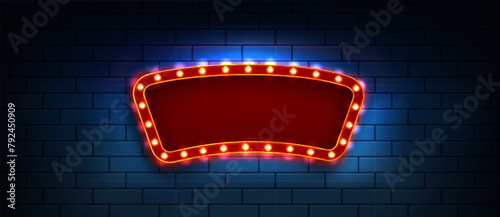 Red blank frame with light bulbs on dark blue brick wall background. Realistic 3d vector illustration of retro cinema or casino billboard with lamps. Circus or theatre empty banner template.