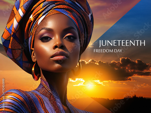 African American woman wearing an African turban with Juneteenth flag colors. Juneteenth. Freedom and equality concept. Black history month.