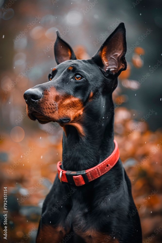 A majestic Doberman pinscher standing alert in a natural autumn setting with a red collar, showcasing its strong stature and alert expression