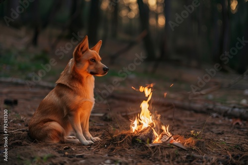 The dog is sitting near the campfire