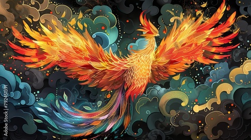 Fantasy: A coloring book illustration of a mystical phoenix rising from the ashes