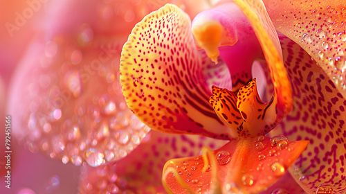 A close-up of a delicate orchid blossom, with intricate patterns and vibrant colors.