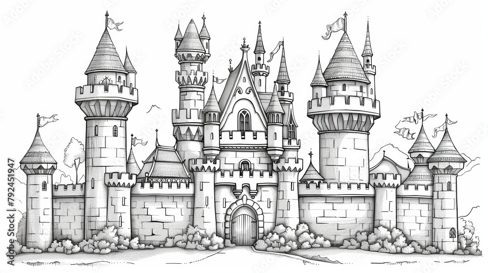 Fantasy elements: A mystical fairy tale castle, with turrets and towers