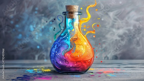 Fantasy elements: A mystical potion bottle, bubbling with colorful liquid