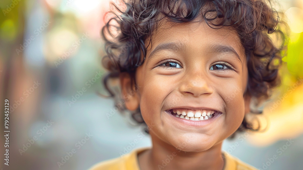 A close-up portrait of a smiling child, exuding innocence and joy.
