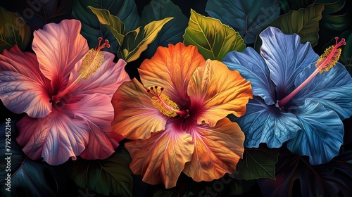 Flowers: A cluster of hibiscus flowers with their bold, tropical colors photo