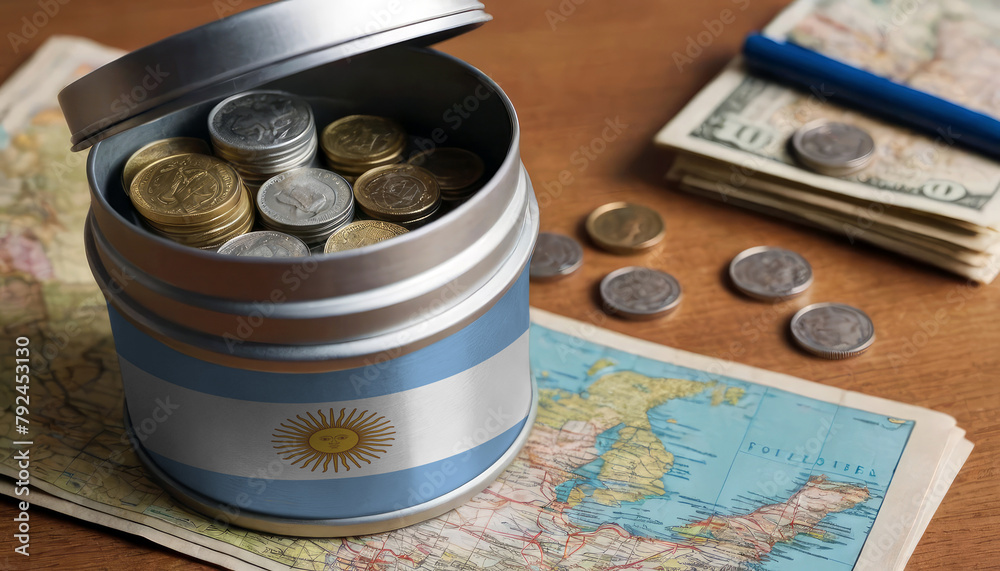Argentina flag-adorned money jar placed on a map. Saving for vacation, leisure pursuits. Financial strategy, travel budgeting, holiday fund accumulation Argentina flag-adorned money jar placed on a map. Saving for vacation, leisure pursuits. Financial strategy, travel budgeting, holiday fund accumulation