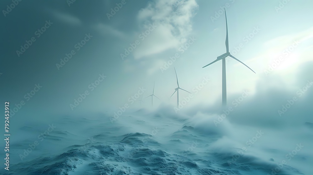 Eco-Friendly Energy: Ethereal Wind Turbines in Mist