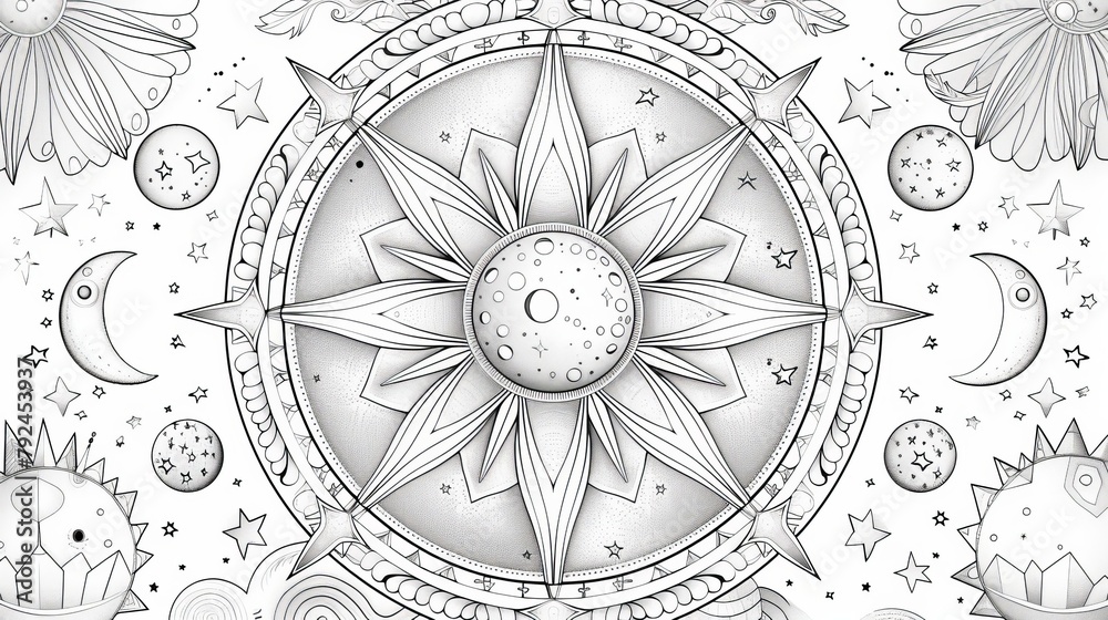 Mandala: A coloring book page featuring a mandala design with celestial elements, like stars, moons, and planets