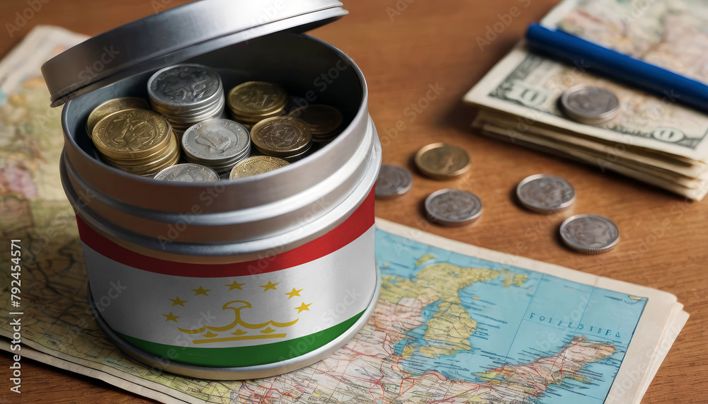 Tajikistan flag-adorned money jar placed on a map. Saving for vacation, leisure pursuits. Financial strategy, travel budgeting, holiday fund accumulation Tajikistan flag-adorned money jar placed on a map. Saving for vacation, leisure pursuits. Financial strategy, travel budgeting, holiday fund accumulation