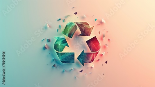 Abstract colorful recycling symbol with a shattered effect on a light gradient background