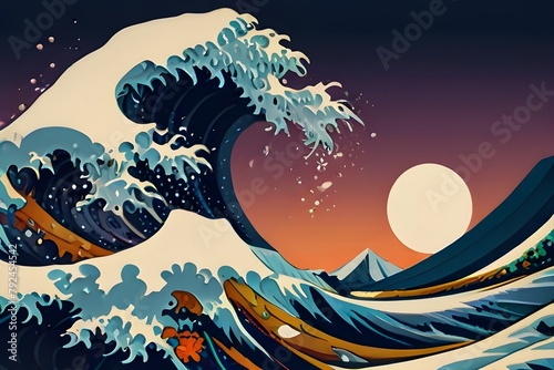 Great wave in ocean as Japanese style illustration wallpaper Generator AI 