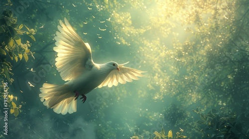 A white dove flies through a sunlit forest.