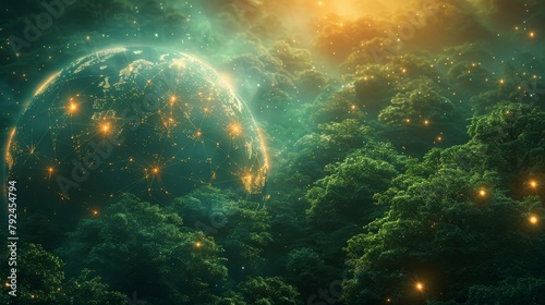 An illustration of a lush forest with a glowing planet Earth in the background.