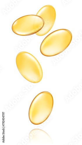 Omega 3 capsule soft gel or fish oil capsule isolated on white background. Vector, illustration.	