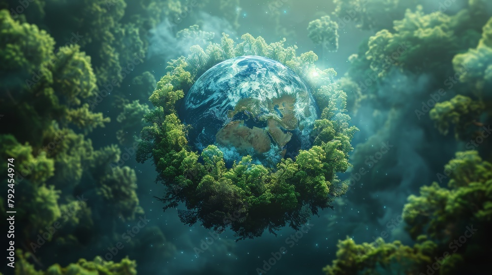 Fototapeta premium Lush forests enveloping a miniature earth planet in a concept of nature and ecology