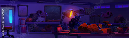 Archaeologist lab room and fossil on desk at night cartoon background. Dinosaur skull in paleontologist laboratory interior to research. History museum or scientific university explorer cabinet
