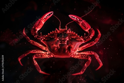 A red crab stands out against a black background, showcasing its vibrant coloration and unique features