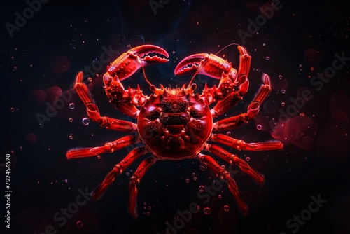 A bright red crab stands out against a deep black background, showcasing its vibrant color and intricate details