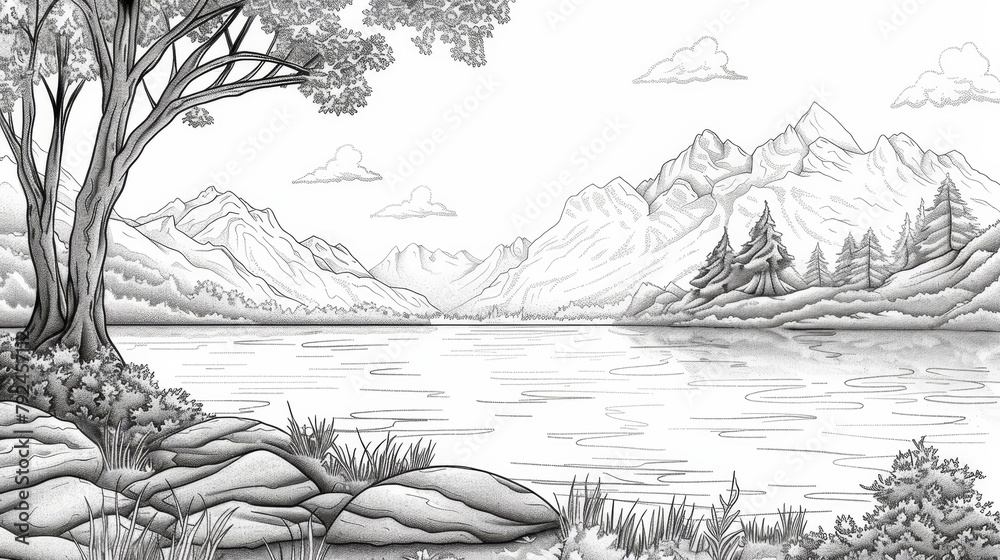 Place: A serene coloring book page depicting a tranquil lakeside scene