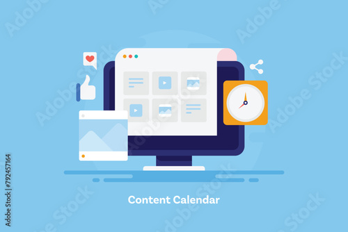 Content planner software, social media content calendar post schedule management dashboard vector illustration.