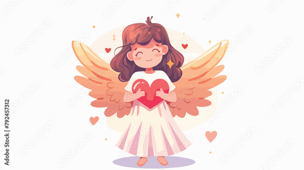Cute happy angel with wings holding heart in hands. P