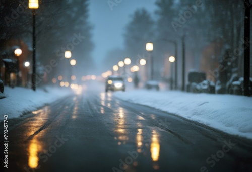 'weather bad road conditions snowstorm city car snow slow rain way street windscreen headlamp perspective travel day business winter storm traffic accident tire ice wheel wiper rainy' photo