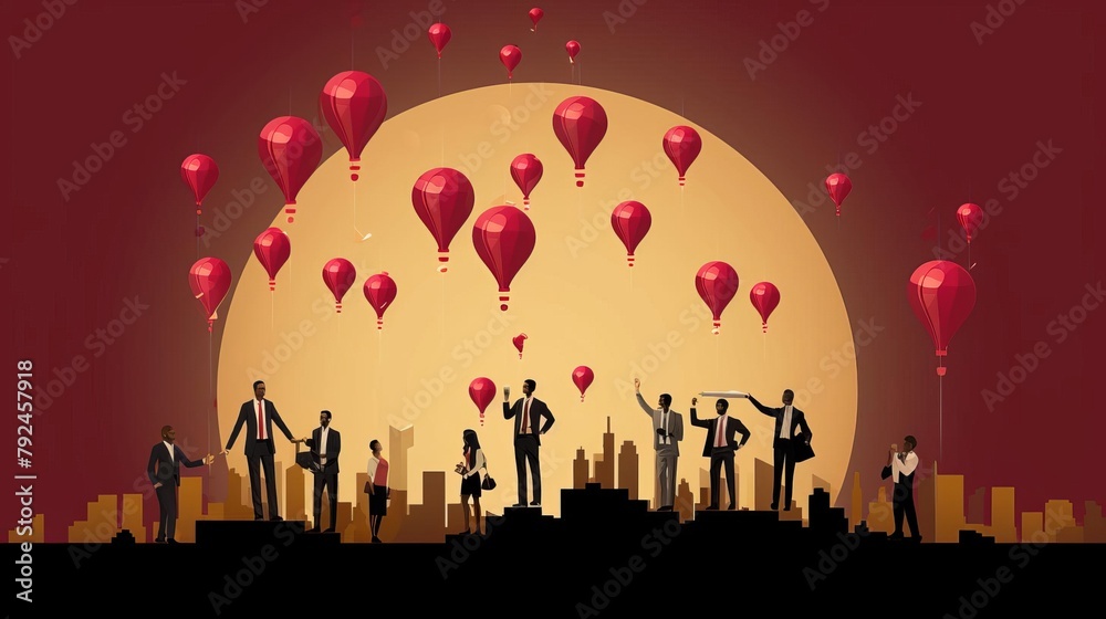 Naklejka premium Abstract portrayal of startup investment rounds, illustrated with rising balloons, symbolizing financial uplift, on a solid maroon background