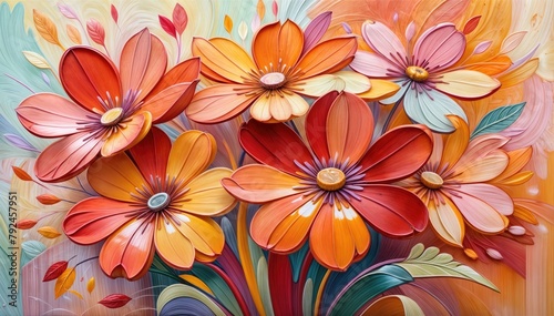 Abstract Floral Patterns in Red, Orange, Pink, and Yellow Against a Colorful Blurred Background