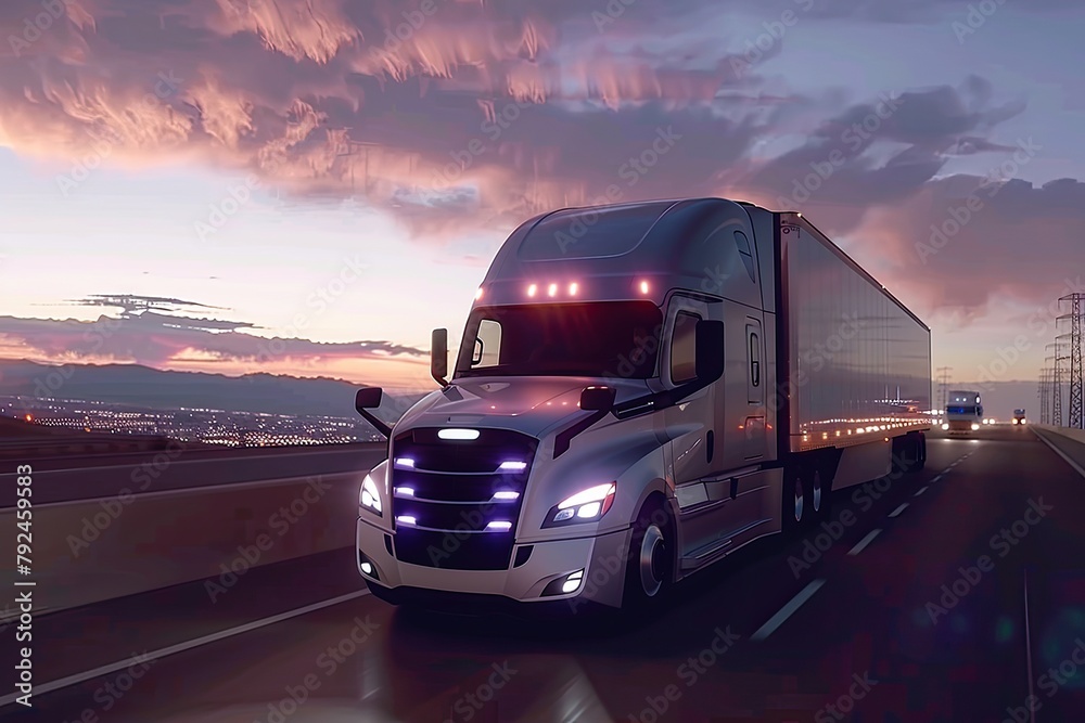 truck driving over country road at sunset