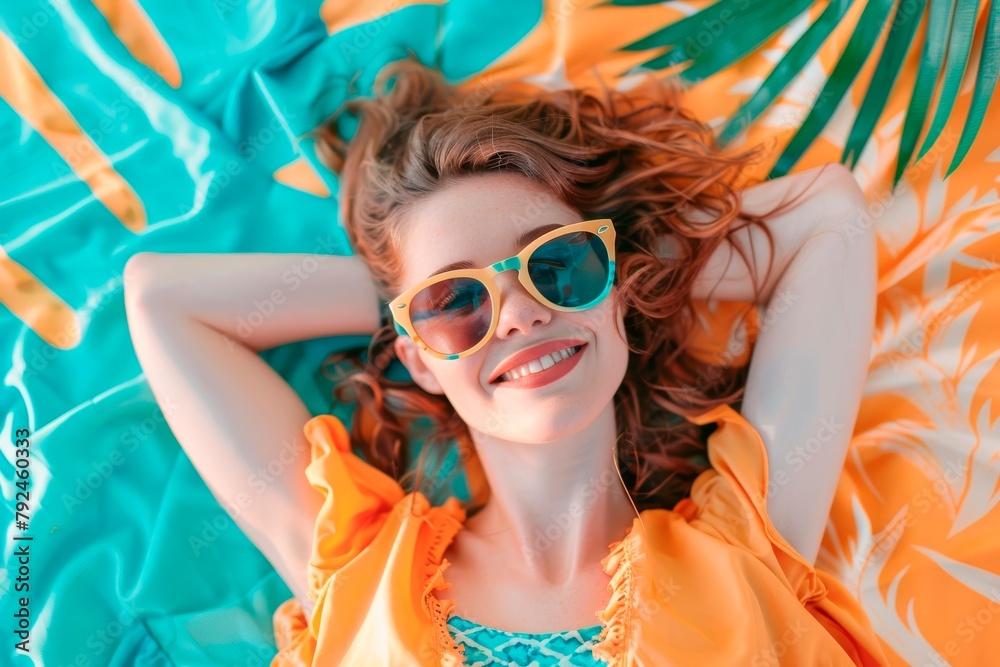 portrait of a happy young woman in sunglasses lying in summer , looking at the camera and smiling,, top view, summer vacation concept, copy space for text