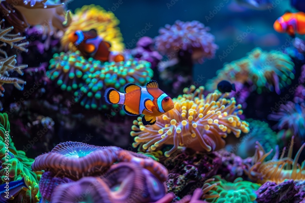 A vibrant saltwater aquarium filled with colorful fish, including clownfish, gracefully swimming among vibrant corals A vibrant saltwater aquarium filled with colorful fish, including clownfish, gracefully swimming among vibrant corals