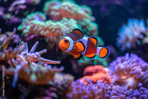 A clownfish gracefully swims among colorful corals in a vibrant saltwater aquarium ecosystem