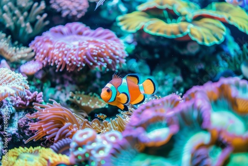A clown fish gracefully swims among vibrant corals in a saltwater aquarium ecosystem