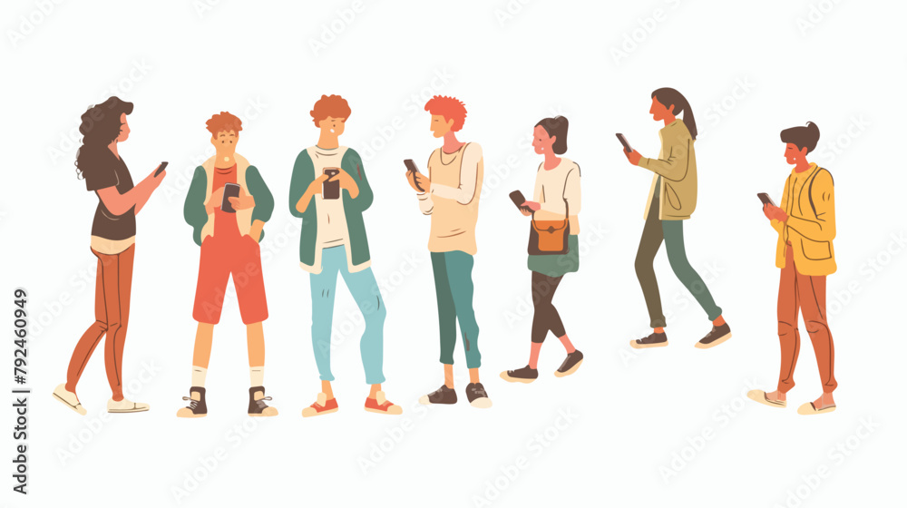 Different young people look into the smartphones. Big