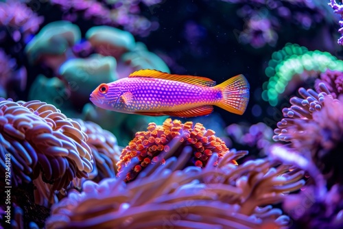 A Dottyback fish perched on top of colorful coral in a mesmerizing underwater scene © Elmira