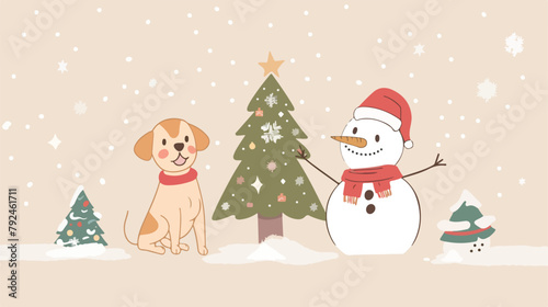 Dog christmas tree and snowman. Vector flat style illustration