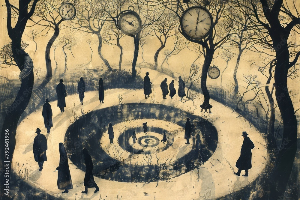 Philosophical Journey Through Time and Space. An illustrative depiction of figures walking along a path entwined with clocks and tree branches.