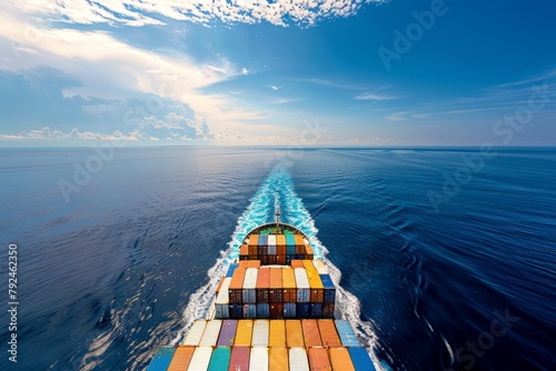 Fully loaded container ship navigating through the vast ocean under a clear blue sky on the horizon