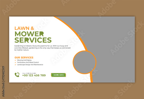Organic and agricultural services social media post template. Lawn care, mowing and gardening promotional banner design template set, agriculture farm cover, business advertisement