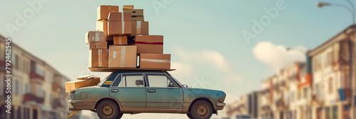 A Family car drives overloaded with Furniture and moving cartons photo