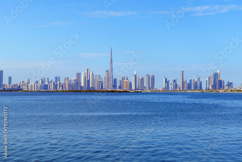panoramic view of the big city Dubai, Downtown and Business bay district, UAE