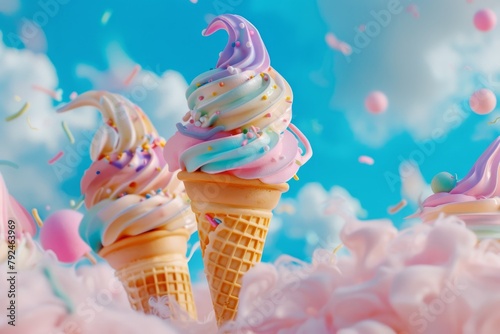 Three colorful ice cream cones adorned with rainbow sprinkles and confetti, creating a playful and festive vibe
