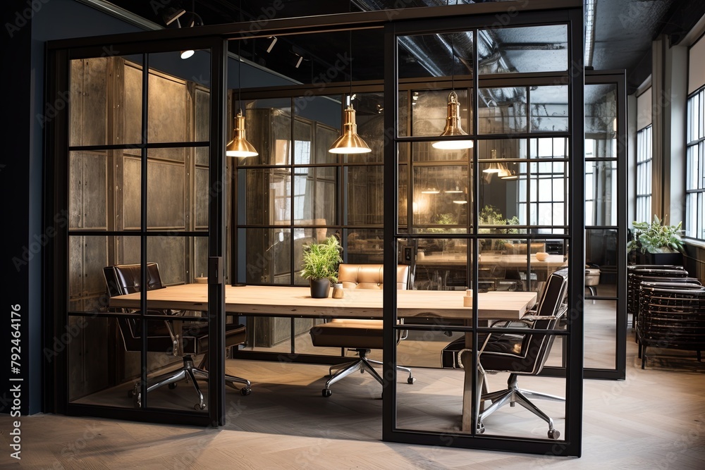 Metallic Brilliance: Industrial Chic Office Decor Featuring Stylish Partitions