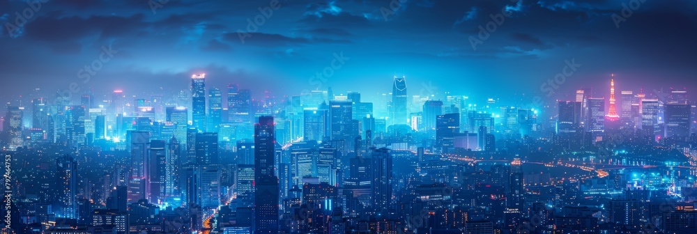 Fototapeta premium Futuristic Neon Cityscape: Illuminated High-Tech Metropolis with Holographic Elements