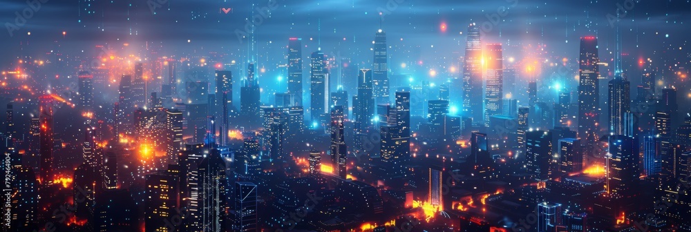 Fototapeta premium Futuristic Neon Cityscape: Illuminated High-Tech Metropolis with Holographic Elements
