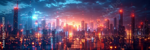 Futuristic Neon Cityscape: Illuminated High-Tech Metropolis with Holographic Elements